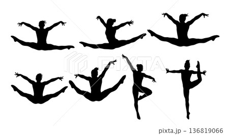 Black Solid Gymnast Leaps to Landing Silhouettes Set of Six on White Background Black Solid Gymnast Leaps to Landing Silhouettes Set of Six on White Background 136819066