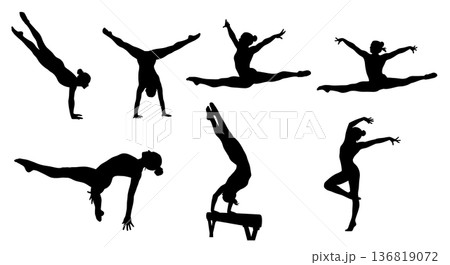 Black Solid Gymnast Mid-Routine Flow Silhouettes Set of Six on White Background Black Solid Gymnast Mid-Routine Flow Silhouettes Set of Six on White Background 136819072