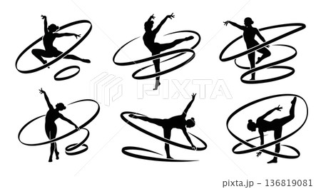 Black Solid Gymnast Ribbon Dynamic Silhouettes Set of Six on White Background Black Solid Gymnast Ribbon Dynamic Silhouettes Set of Six on White Background 136819081