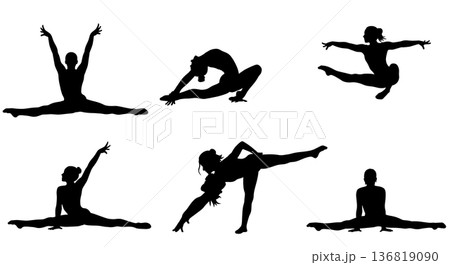 Black Solid Gymnast Splits Poses Silhouettes Set of Six on White Background Black Solid Gymnast Splits Poses Silhouettes Set of Six on White Background 136819090