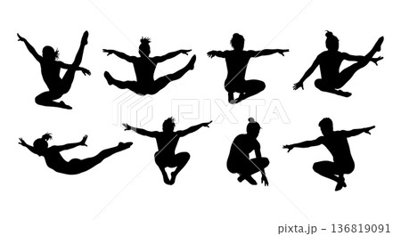 Black Solid Gymnast Springboard Launch Silhouettes Set of Six on White Background 136819091