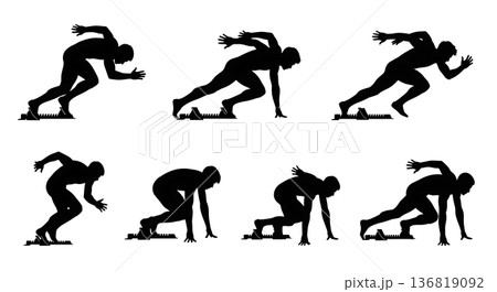 Black Solid Gymnast Starting Blocks Silhouettes Set of Six on White Background 136819092