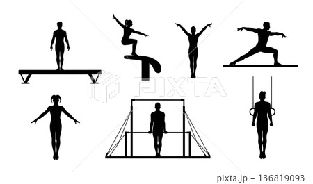 Black Solid Gymnast Starting Poses Silhouettes Set of Six on White Background Black Solid Gymnast Starting Poses Silhouettes Set of Six on White Background 136819093