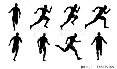 Black Solid Hamstring Full Extension Silhouettes Set of Six on White Background 136819109