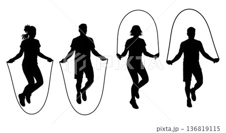 Black Solid Heel Taps Jump Rope Silhouettes Set of Six on White Background 136819115