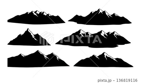 Black Solid High Angle Mountain Silhouettes Set of Six on White Background 136819116