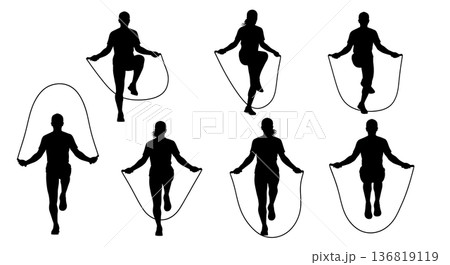 Black Solid High Knees Jump Rope Silhouettes Set of Six on White Background Black Solid High Knees Jump Rope Silhouettes Set of Six on White Background 136819119