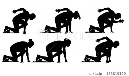 Black Solid High Speed Stride Silhouettes Set of Six on White Background 136819120