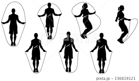 Black Solid HIIT Jump Rope Silhouettes Set of Six on White Background Black Solid HIIT Jump Rope Silhouettes Set of Six on White Background 136819121