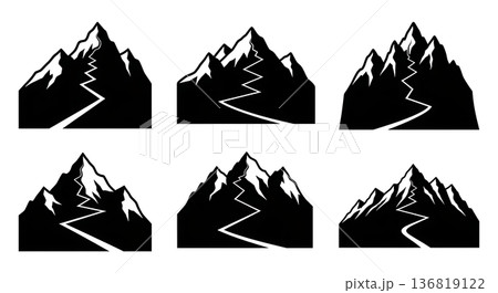 Black Solid Hiking Trail Mountain Silhouettes Set of Six on White Background 136819122