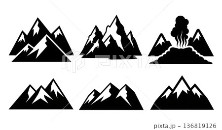 Black Solid Hot Spring Mountain Silhouettes Set of Six on White Background Black Solid Hot Spring Mountain Silhouettes Set of Six on White Background 136819126