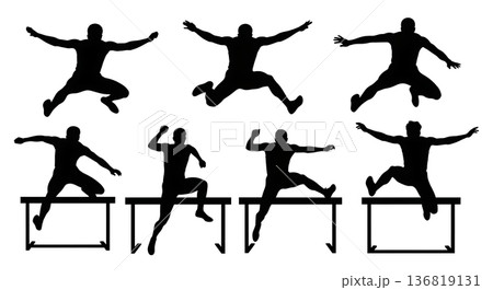 Black Solid Hurdle Arms Spread Wide Silhouettes Set of Six on White Background 136819131