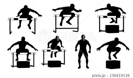 Black Solid Hurdle Box Jumps Silhouettes Set of Six on White Background 136819136