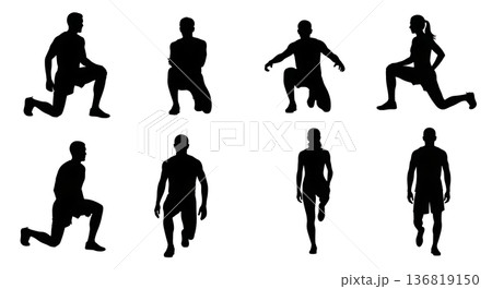Black Solid Hurdle Drill Warm-Up Silhouettes Set of Six on White Background Black Solid Hurdle Drill Warm-Up Silhouettes Set of Six on White Background 136819150