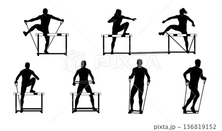 Black Solid Hurdle Elastic Band Drills Silhouettes Set of Six on White Background 136819152