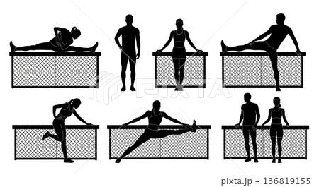 Black Solid Hurdle Fence Stretch Silhouettes Set of Six on White Background Black Solid Hurdle Fence Stretch Silhouettes Set of Six on White Background 136819155