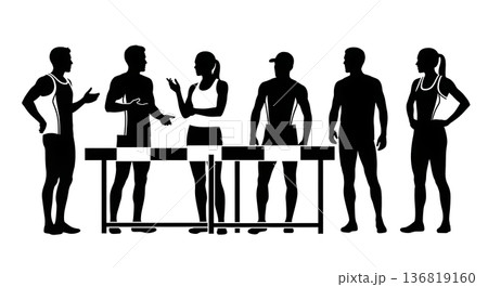 Black Solid Hurdle Group Conversation Silhouettes Set of Six on White Background 136819160