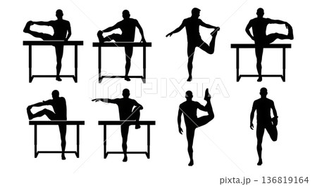 Black Solid Hurdle Hamstring Stretching Silhouettes Set of Six on White Background Black Solid Hurdle Hamstring Stretching Silhouettes Set of Six on White Background 136819164