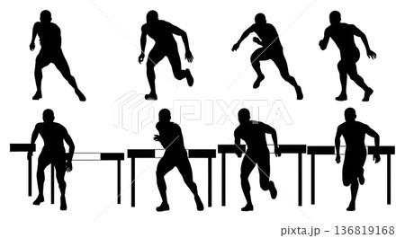 Black Solid Hurdle Hands-on-Knees Breath Catching Silhouettes Set of Six on White Background 136819168