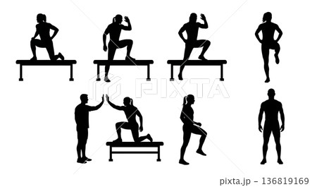 Black Solid Hurdle High-Five Encouragement Silhouettes Set of Six on White Background 136819169
