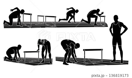 Black Solid Hurdle Inspect Racing Lane Silhouettes Set of Six on White Background 136819173