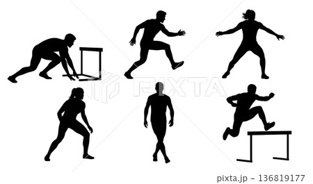 Black Solid Hurdle Lateral Shuffles Drills Silhouettes Set of Six on White Background 136819177