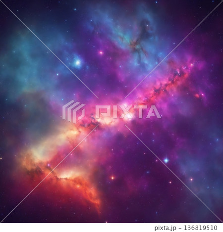 Stunning Vibrant Nebula in Deep Space with Glowing Stars and Swirling Colorful Gas Clouds of Purple Blue and Pink 136819510