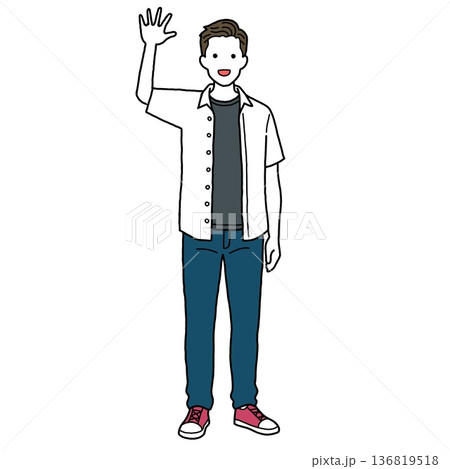 手を振るカジュアルな若い男性 手を振るカジュアルな若い男性 136819518