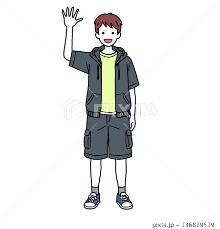 手を振るカジュアル男子学生 手を振るカジュアル男子学生 136819519