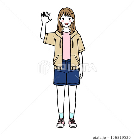 手を振るカジュアル女子学生 手を振るカジュアル女子学生 136819520