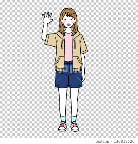 Casual female student waving Casual female student waving 136819520