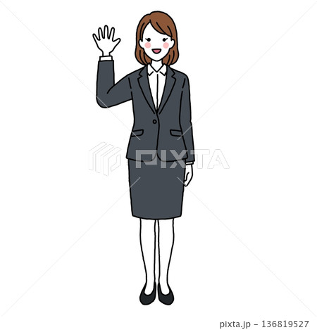 手を振るスーツの若い女性 136819527