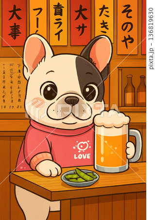 昭和レトロな居酒屋でビールを楽しむフレンチブルドッグ 136819630