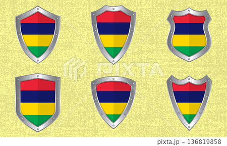 Set of metal shields with the Mauritius flag Set of metal shields with the Mauritius flag 136819858