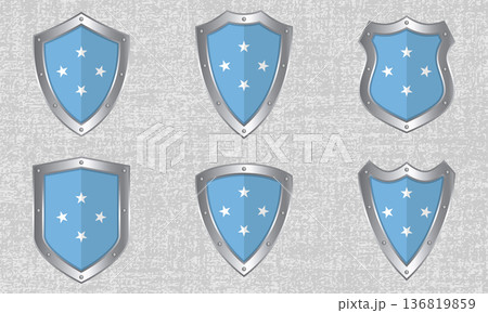 Set of metal shields with the Micronesia flag Set of metal shields with the Micronesia flag 136819859
