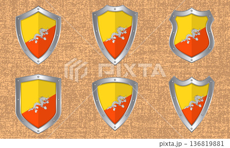 Set of metal shields with the Bhutanese flag Set of metal shields with the Bhutanese flag 136819881