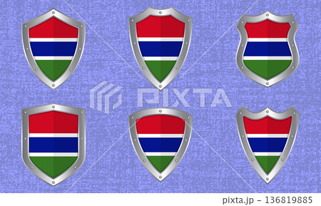 Set of metal shields with the Gambia flag Set of metal shields with the Gambia flag 136819885