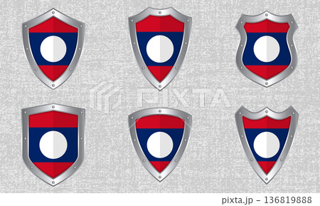Set of metal shields with the Laos flag Set of metal shields with the Laos flag 136819888