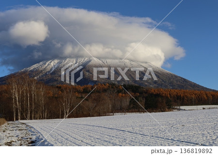 北海道、十一月、後志、雪を被った羊蹄山、蝦夷富士、雲をかぶった羊蹄山と濃い青空、晩秋の北海道 136819892
