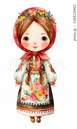 Watercolor cute doll girl Ukrainian rag doll motanka has braided hair with flower crown and wearing traditional white lace dress with red headscarf costume clip art illustration isolated on white 136819962