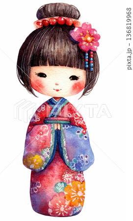 Watercolor cute doll girl geisha wearing red kimono dress Japanese clothes clip art cartoon illustration isolated on white background 136819968