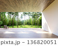 Modern empty wooden terrace with a lounge chair and a panoramic pine forest view 3d render 136820051