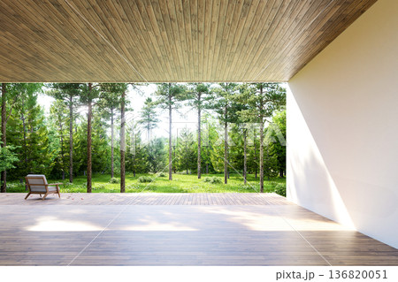 Modern empty wooden terrace with a lounge chair and a panoramic pine forest view 3d render 136820051