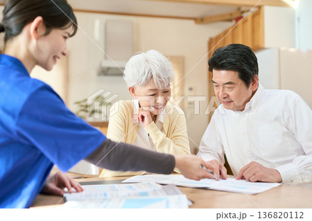 訪問介護でプランの説明を聞くシニア夫婦 訪問介護でプランの説明を聞くシニア夫婦 136820112