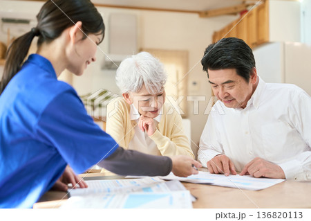 訪問介護でプランの説明を聞くシニア夫婦 136820113