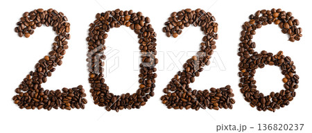 New Year 2026 Number Written with Roasted Coffee Beans 136820237