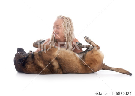 malinois and woman in studio 136820324