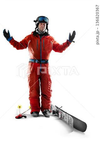 Skiing sport. Silhouette of a skiing on white background. Sport emotion. Skier in full gear. Red. Success. Isolated Skiing sport. Silhouette of a skiing on white background. Sport emotion. Skier in full gear. Red. Success. Isolated 136820367
