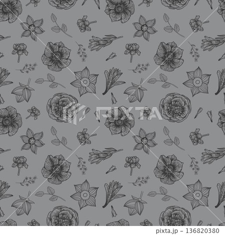 Seamless Vintage Engraving Floral Line Art Pattern 136820380