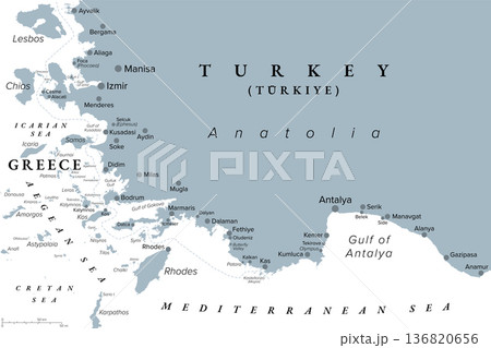 Turkish Riviera, or Turquoise Coast, a region in southwest Turkey, gray political map. Located along the Mediterranean and Aegean coasts. The Dodecanese islands lie to the west of the Riviera. Vector 136820656